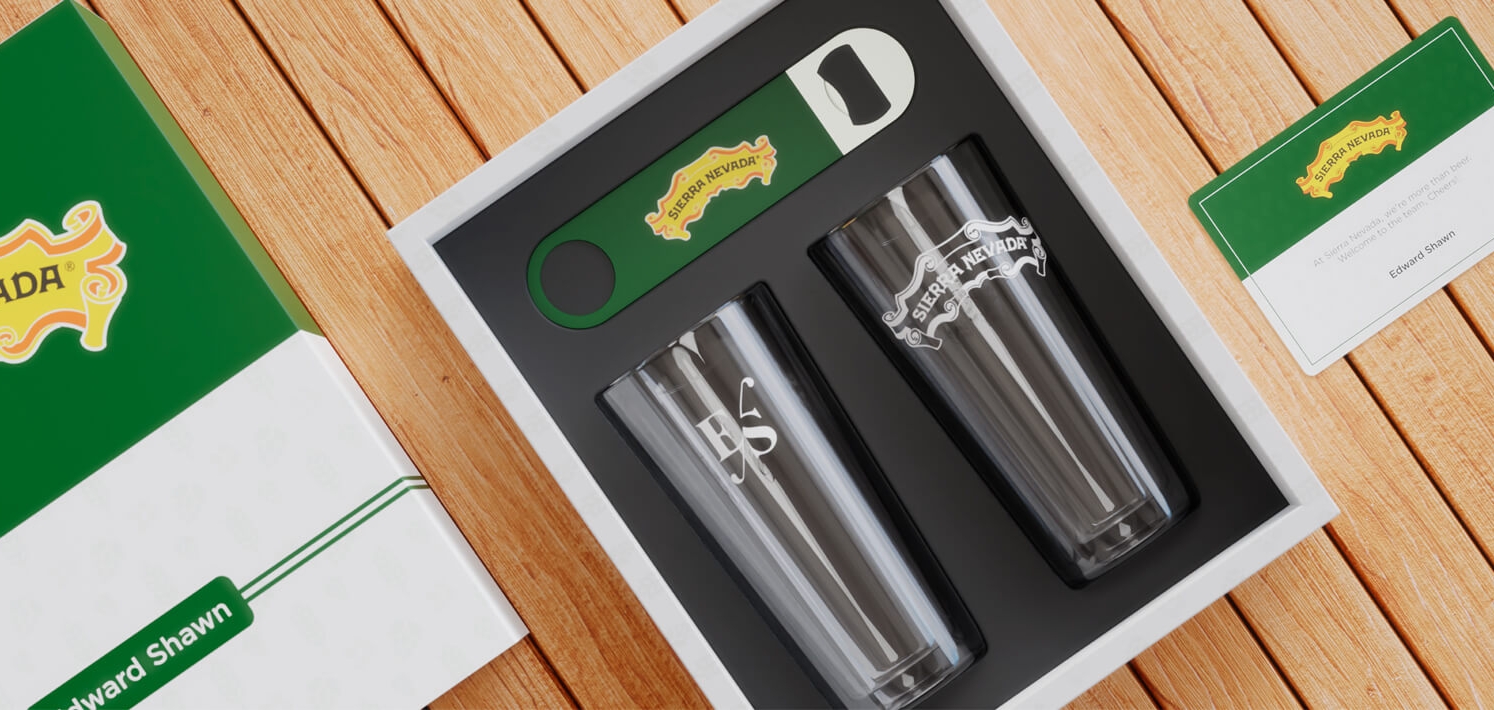 Custom bottle opener and double walled pint glasses gift set