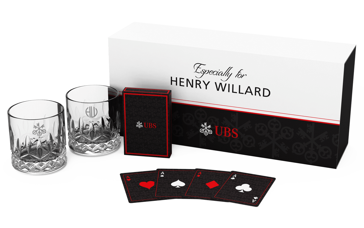 waterford crystal tumblers with custom designed playing cards